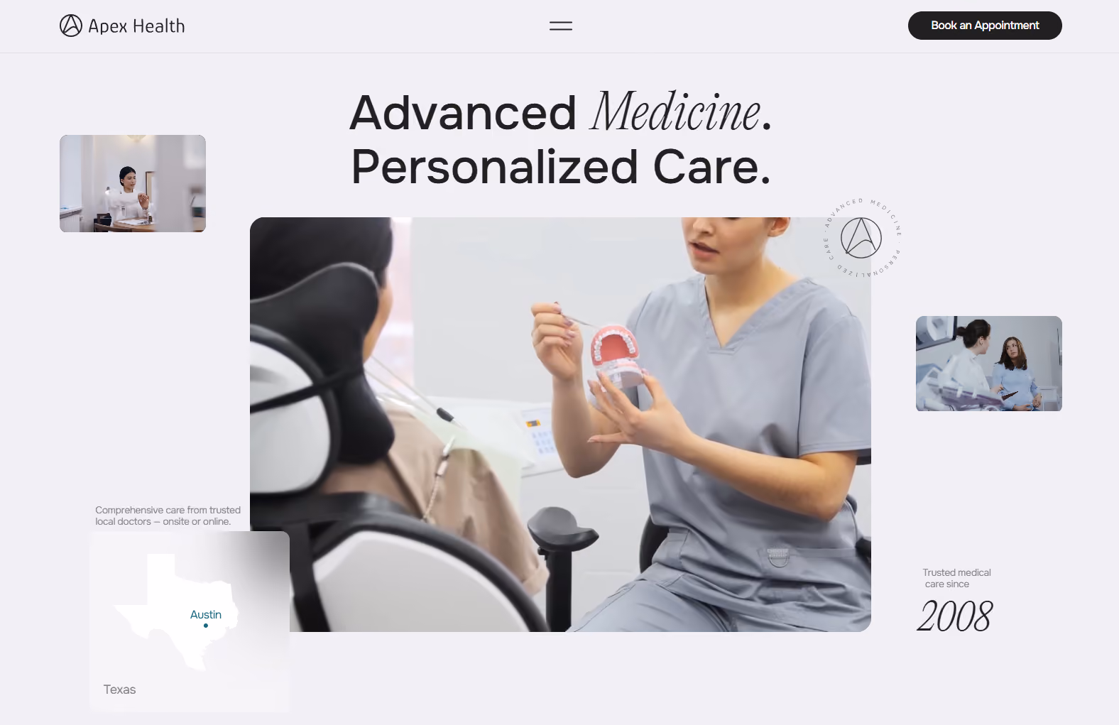 Apex Health website homepage — clinic hero with photos of a consultation and an appointment button