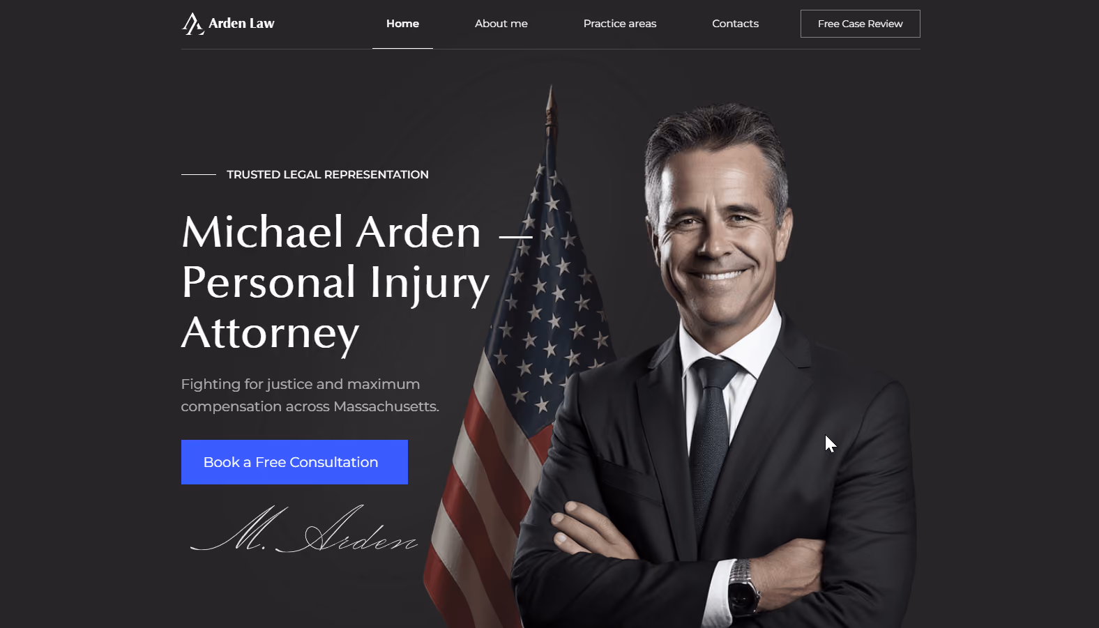 Arden Law website homepage — dark hero with an attorney portrait and a Book a Free Consultation button